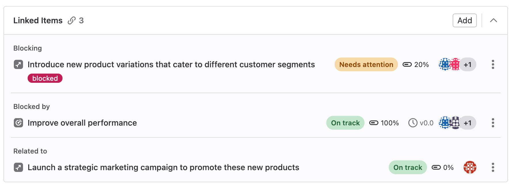 Linked work items categorized as blocking, blocked by, or related to, with status indicators to visualize progress, and dependencies.